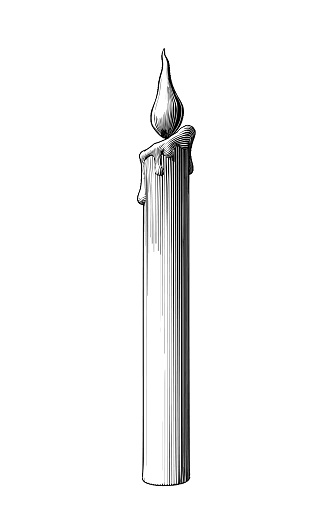 Monochrome vintage engraved drawing a long candle with a flame woodcut style vector illustration isolated on white background