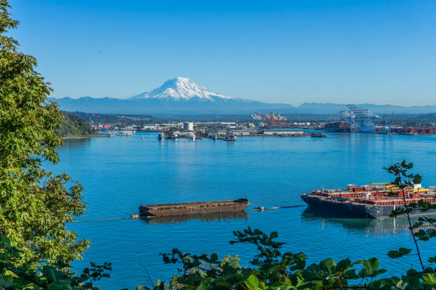 Port And Peak 5 an illustraion of the Port of Tacoma and Mount Rainier. tacoma photos stock pictures, royalty-free photos & images