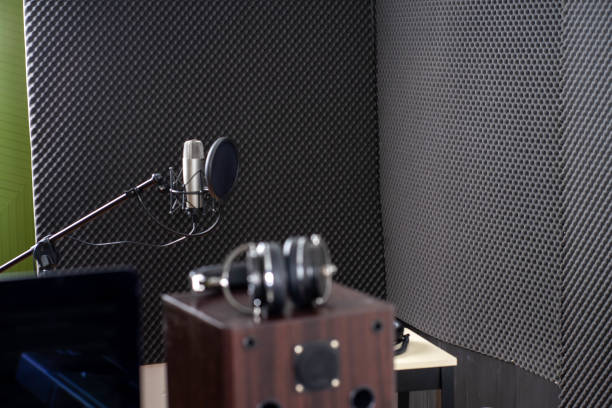 istock young attractive Asian woman musician singer in recoding studio with microphone. Performance arts concept. 1279844114