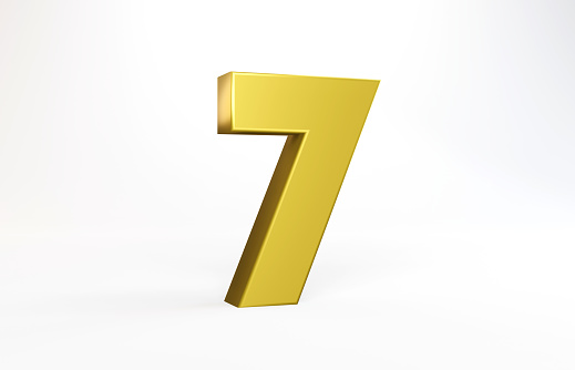 Realistic 3d lettering numbers isolated on white background. Number 7 in gold color. Horizontal composition with copy space.