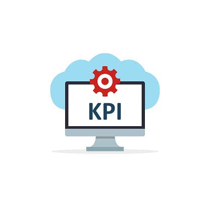 KPI, Key Performance Indicator. Computer screen icon. Gear icon. Cloud software icon. Vector