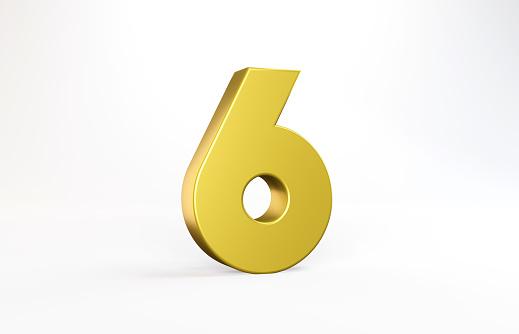 Realistic 3d lettering numbers isolated on white background. Number 6 in gold color. Horizontal composition with copy space.