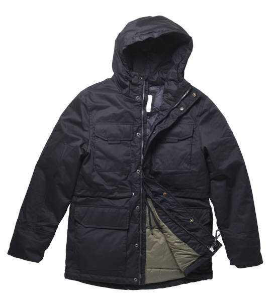 istock Jacket isolated on a white background. Black men jacket in a hood isolated on a white background. Winter Jacket. Casual style. 1279846316