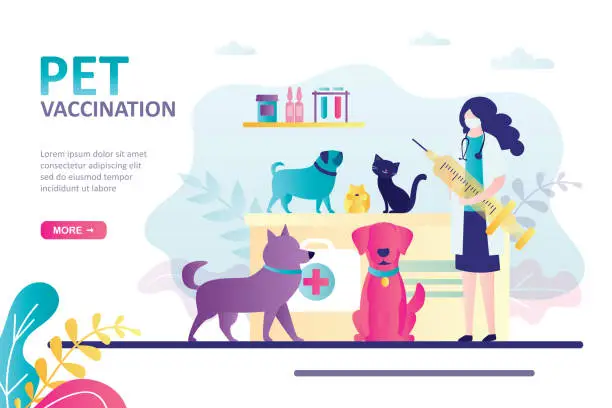 Vector illustration of Pet vaccination landing page. Veterinarian holding syringe for vaccinations. Concept of veterinary, animal protection and pet healthcare