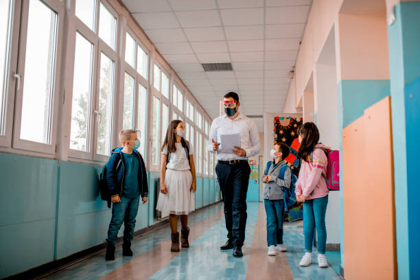 istock Elementary school students and male teacher wearing protective face masks at school 1279848341