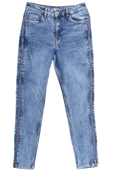 istock Blue jeans with zippers on the sides on a white background.Stack of various blue jeans on white background. Beauty and fashion, clothing concept. Detail of nice blue jeans. Jeans texture or denim back 1279848452