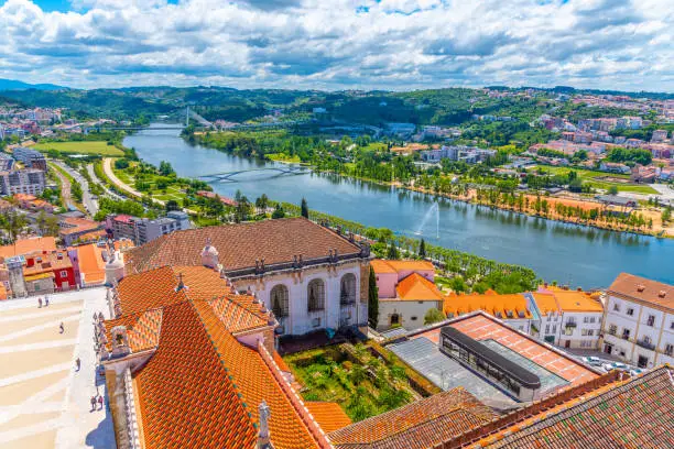 Valley of river Mondego and Ponte Rainha Santa Isabel bridge at Coimbra, Portugal