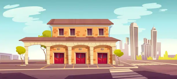 Vector illustration of Fire station building with closed red gates