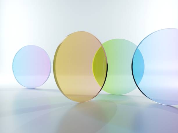 istock 3d render, abstract modern minimal background with colorful translucent round glass pieces, simple geometric shapes 1279851178