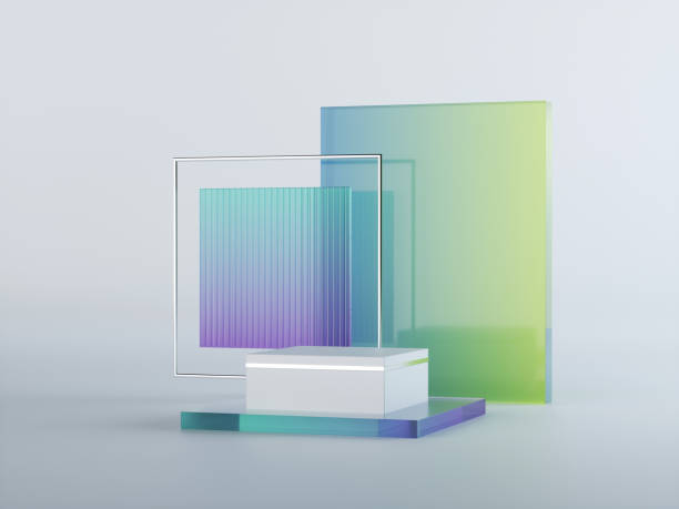istock 3d render, abstract geometrical background with blue green translucent square glass. Modern minimal showcase mockup. Vacant pedestal, empty podium, stage platform for commercial product displaying 1279851206