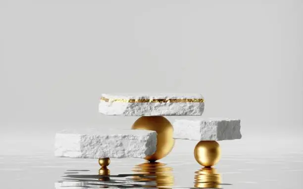 3d render, abstract modern minimal background with reflection in the water. Cobblestones on the top of golden balls. Zen balance concept. Trendy showcase with empty platforms for product displaying