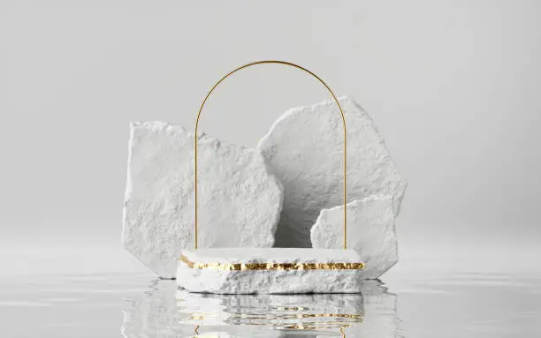 3d render, abstract modern minimal background with cobblestones and reflection in the water on the wet floor. Trendy showcase with golden arch frame and empty platform for product displaying