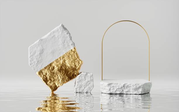 istock 3d render, abstract white gold background with cobblestones and golden arch frame, stands on the wet floor with reflections, modern minimal showcase for product display. Empty stage with vacant podium 1279853092