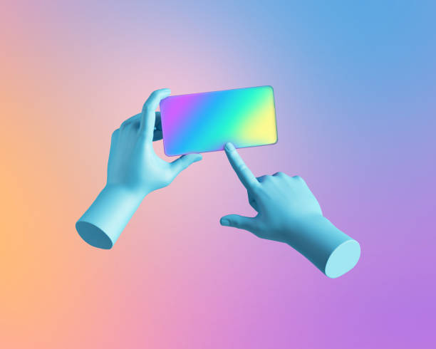 istock 3d render, blue hands hold card or colorful smart phone digital device in horizontal position. Electronic gadget blank mockup isolated on violet pink pastel background. Mobile gaming technology 1279853139