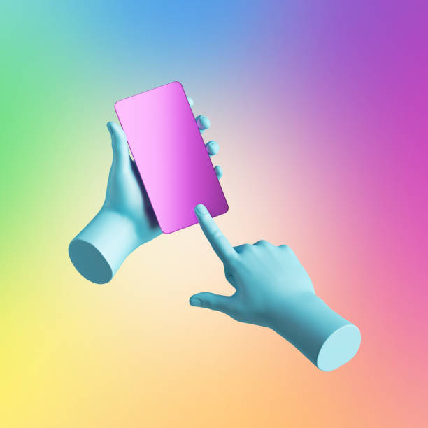 istock 3d render, blue mannequin hands hold smart phone with touchscreen. Electronic gadget blank mockup isolated on colorful background. Virtual reality, wireless technology presentation 1279853177