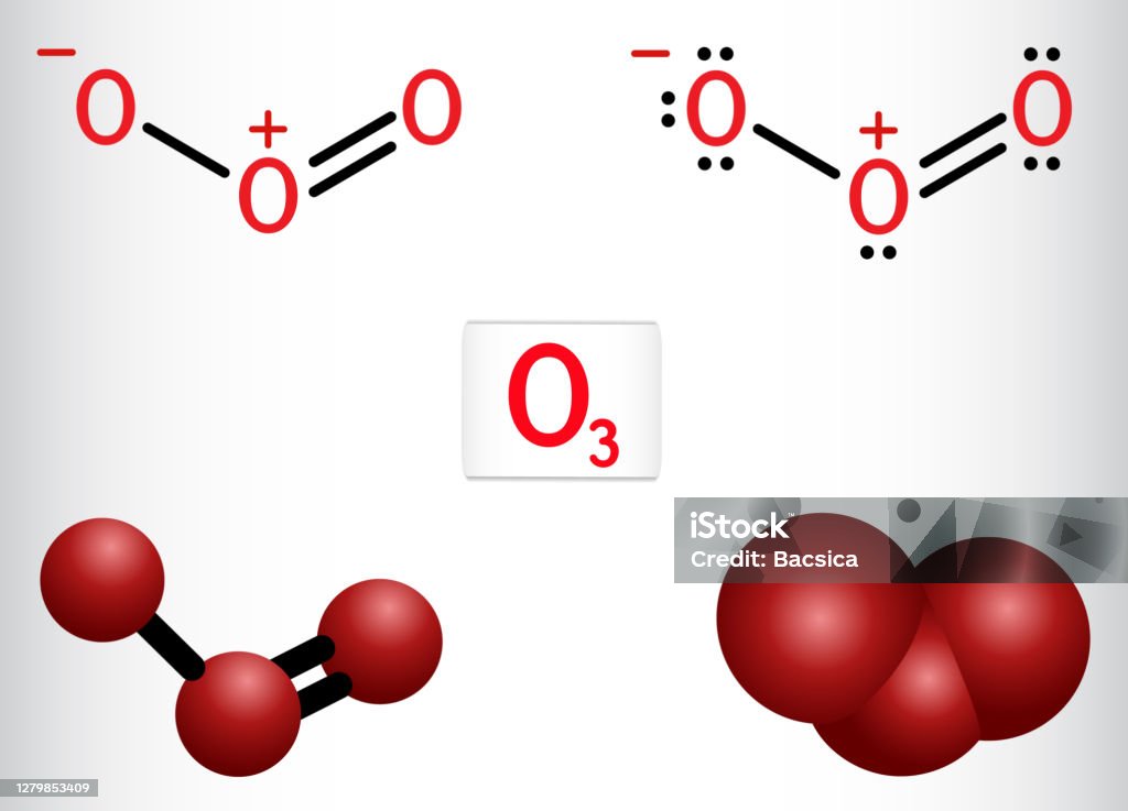 Ozone, O3, trioxygène, molécule inorganique. C’est un allotrope d’oxygène. Formule chimique structurelle et modèle de molécule - clipart vectoriel de Formule chimique libre de droits