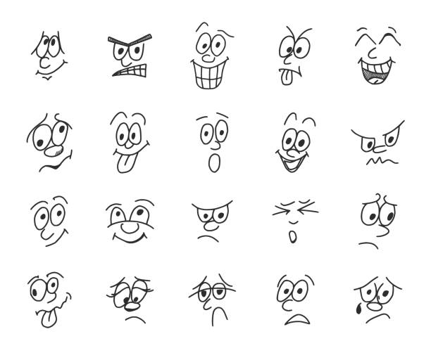 Emoji Doodles Set, Face Emotions Emoji doodles set, face emotions, smileys. Vector illustration. relieved face stock illustrations