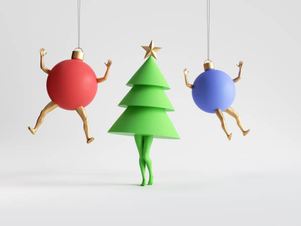 3d render. Abstract colorful Christmas clip art isolated on white background. Fir tree and hanging balls. Funny cartoon character toys, seasonal ornaments. Group of surreal objects with mannequin legs