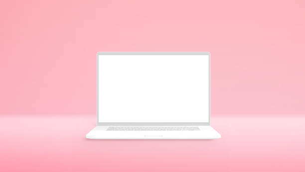 istock Flat white laptop mockup on pastel pink background 1279853854