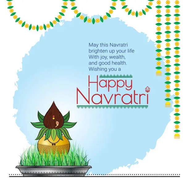 Vector illustration of Navratri Kalash Ghatsthapna Shubh Happy Navratri Social Media Post Navratri Festival Worship of Goddess Laxmi, Saraswati, Durga, Amba Text Message Greetings on Occasion of festival for Family friends