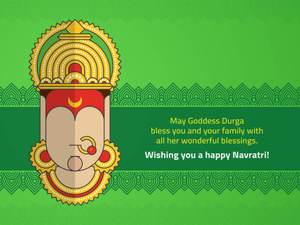 Happy Navratri wishes poster designed with Minimalist Style Goddess Durga Face along with traditional Indian Design border background. Navaratri Also called Dashahra, Dasara, Vijayadashami is a Hindu festival that spans nine nights and is celebrated every year in the autumn. Goddess Durga is worshipped to celebrate the day of her victory over Mahishasura demon, and the ultimate victory of 'Good over Evil'. In these days prayers, religious rituals like burning an effigy of Ravana is done. ravana in happy dussehra stock illustrations