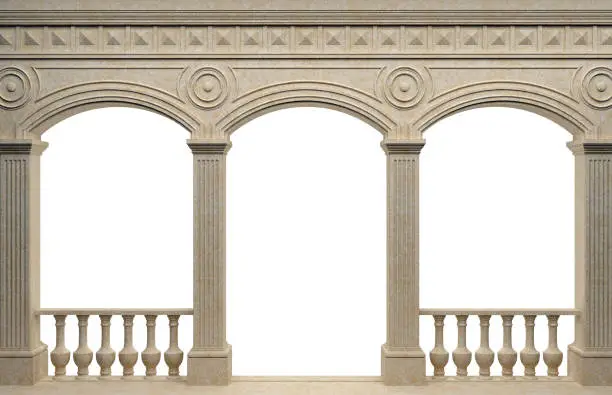 3d illustration. Marble antique wall arcade. Background banner. Poster. The architecture of the ancient world.