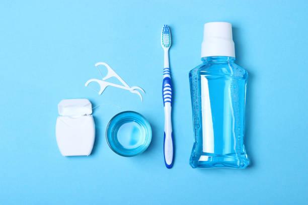 istock Flat composition for oral care and place for text on a light background. Dental hygiene 1279860050