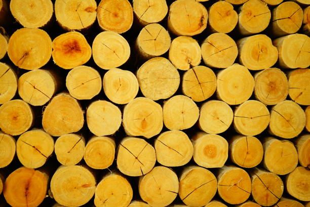 Wooden logs placed beside brick wall background