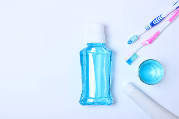 istock Flat composition for oral care and place for text on a light background. Dental hygiene 1279860375