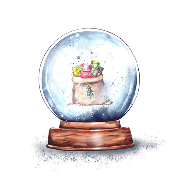 illustrations, cliparts, dessins animés et icônes de aquarelle illustration.magic globe de neige de noël sur un stand en bois avec un sac plein de cadeaux à l’intérieur. surprise du nouvel an, cadeau du père noël, souvenir de neige.isolé sur un fond blanc - snow globe dome glass transparent