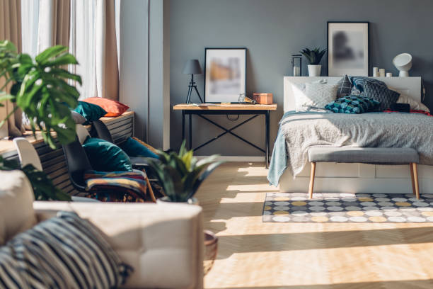 istock New Home, apartment interior, sudio with large bed 1279861666
