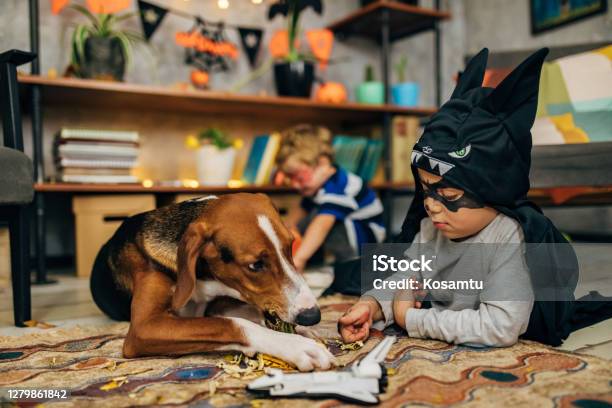 Little Superhero And His Dog Spending Fun Time Together During Halloween Season Stock Photo - Download Image Now