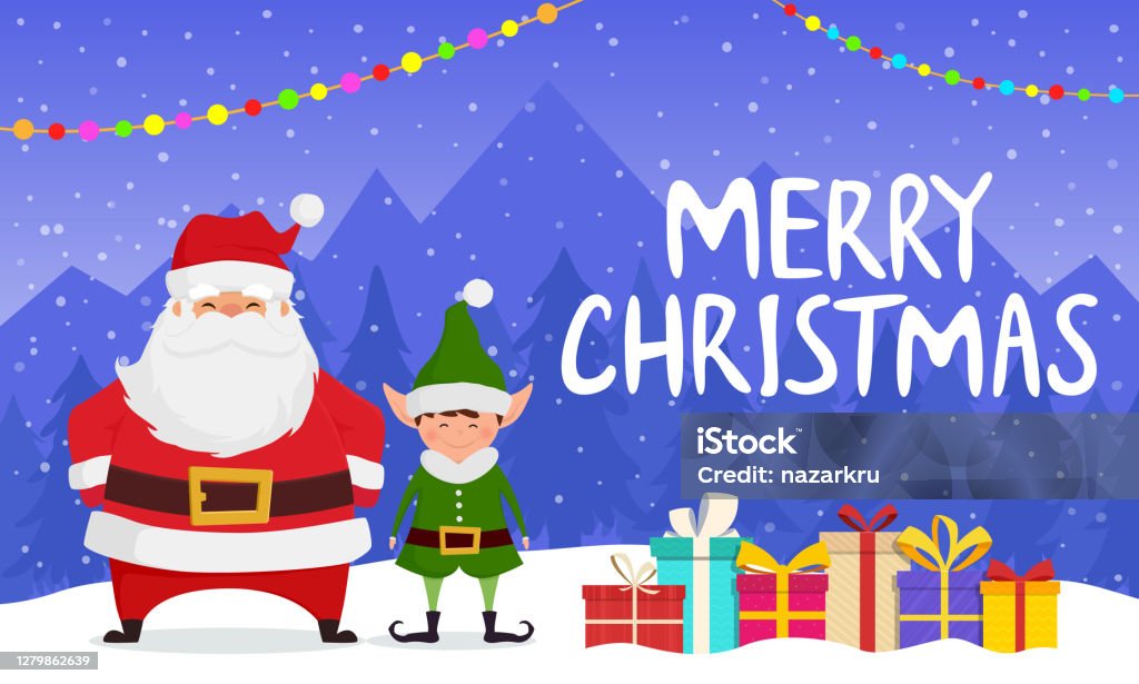 Ilustración de Ilustración Vectorial De Navidad Y Año Nuevo Lindos Personajes De Dibujos Animados Santa Claus Y Elfo De Navidad Con Regalos En El Fondo De Invierno y más Vectores Libres de Ilustración de Ilustración Vectorial De Navidad Y Año Nuevo Lindos Personajes De Dibujos Animados Santa Claus Y Elfo De Navidad Con Regalos En El Fondo De Invierno y más Vectores Libres de