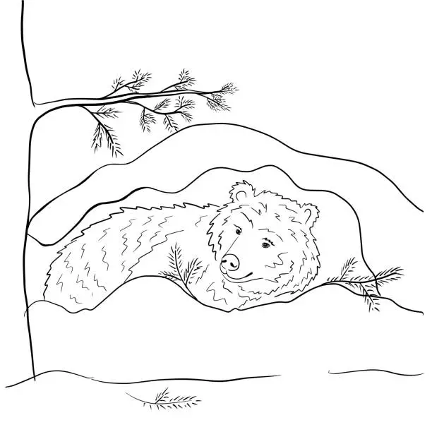 Vector illustration of Hand drawn outline illustration of a bear in a den in winter. Vector illustration.