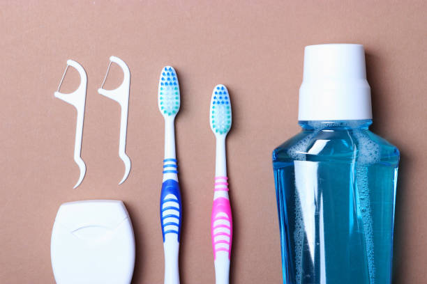 istock Flat composition for oral care and place for text on a light background. Dental hygiene 1279863921