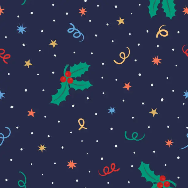 Vector illustration of Christmas pattern with mistletoes, stars and confetti.