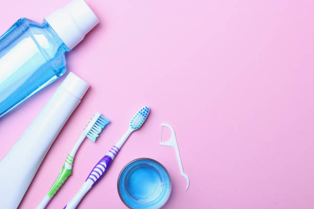 istock Flat composition for oral care and place for text on a light background. Dental hygiene 1279864894