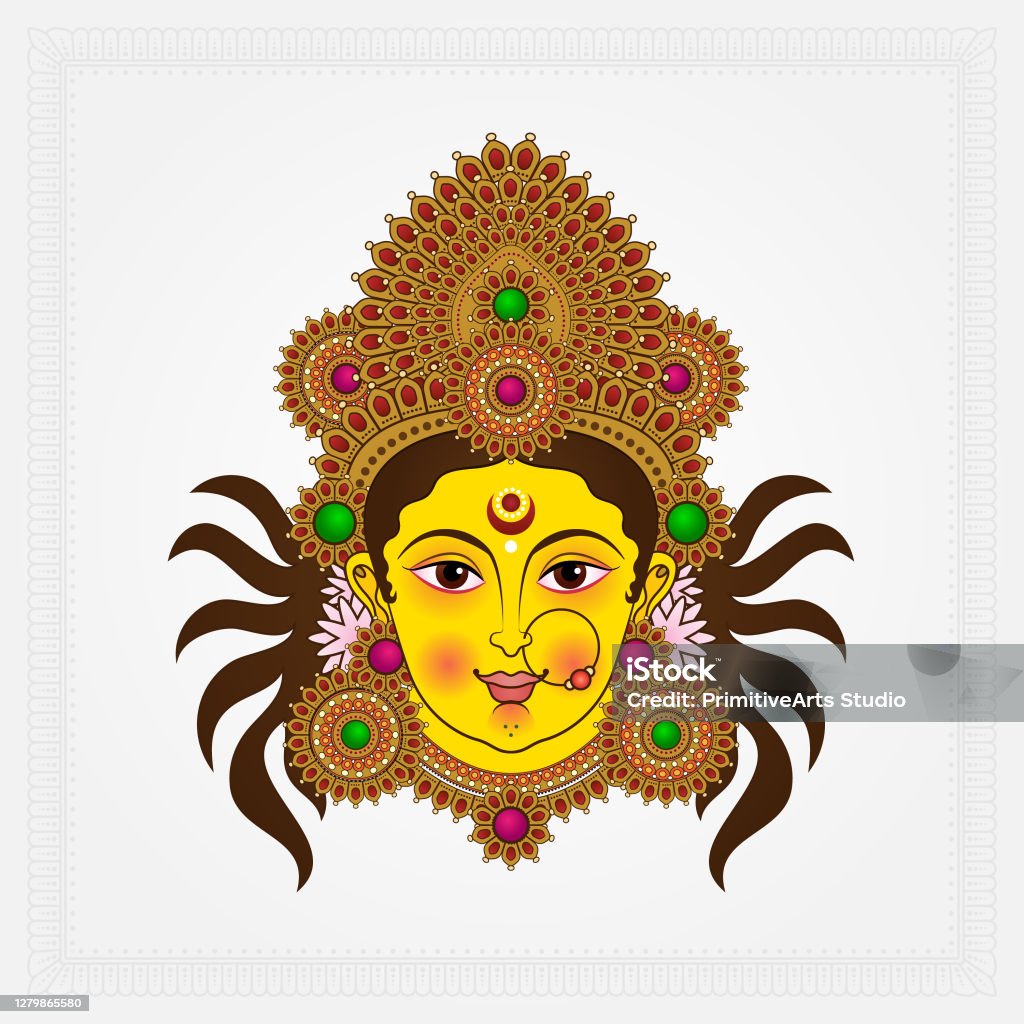 Illustration Of Durga Pooja Smiling Happy Face Of Bengali Goddess ...