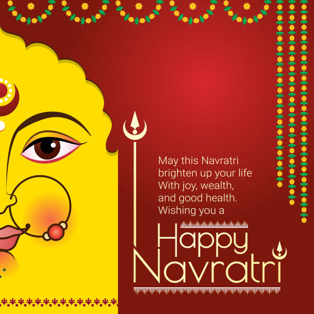 Goddess Durga Face with Happy Navratri typography, best wishes festival greetings for beloved ones. Decorated with traditional marigold flower and mango leaf border for advertising media, social post. Navaratri Also called Dashahra, Dasara, Vijayadashami is a Hindu festival that spans nine nights and is celebrated every year in the autumn. Goddess Durga is worshipped to celebrate the day of her victory over Mahishasura demon, and the ultimate victory of 'Good over Evil'. In these days prayers, religious rituals like burning an effigy of Ravana is done. goddess lakshmi images stock illustrations