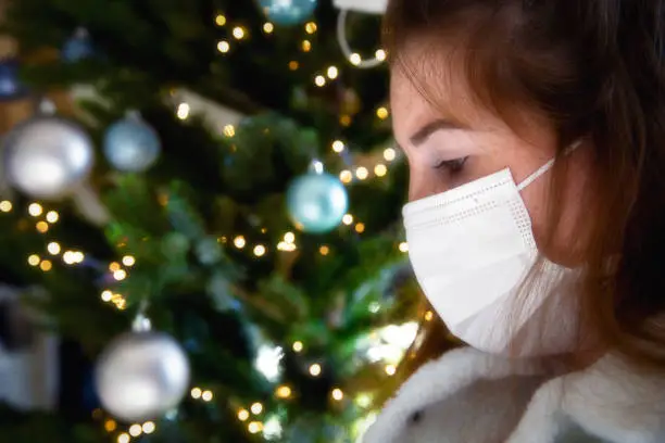 Portrait of a young woman wearing protective face mask and looking sad for Covid-19 with Christmas tree on the background, coronavirus and Christmas concept bokeh