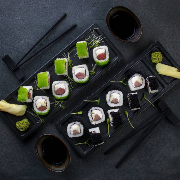 istock Sushi rolls with tuna and caviar, Japanese cuisine 1279868043