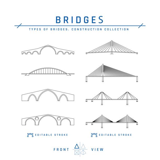ilustrações de stock, clip art, desenhos animados e ícones de cable stayed and arched bridges icons, vector - cable stayed bridge illustrations