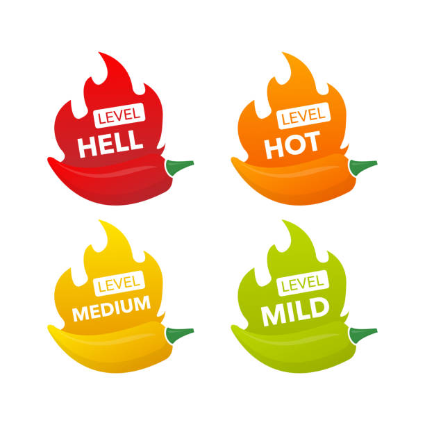 stockillustraties, clipart, cartoons en iconen met hot pepper sterkte schaal indicator met milde, medium, hot en hell posities. chili niveau. vectorillustratie. - chili fire