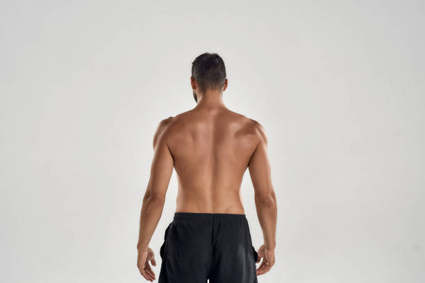 rear view of muscular man with naked posing isolated over grey background, studio shot - rear view human arm naked men imagens e fotografias de stock