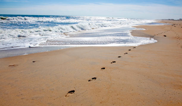 istock Footprints in sand with Atlantic Ocean surf 1279869520