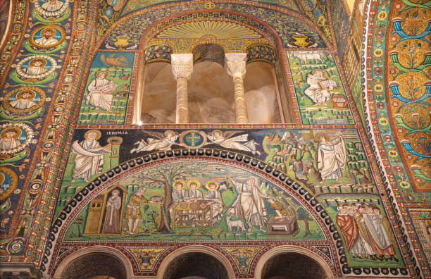 Ravenna The Mosaic Of Scenes Abraham Hosts The Tree Angels And The Sacrifice Of Isaac In Presbytery Of The Church Basilica Di San Vitale From The 6 Cent Stock Photo - Download Ravenna The Mosaic Of Scenes Abraham Hosts The Tree Angels And The Sacrifice Of Isaac In Presbytery Of The Church Basilica Di San Vitale From The 6 Cent Stock Photo - Download