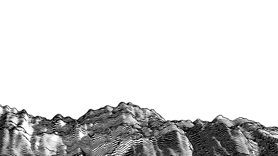 Abstract monochrome engraved drawing rocky mountain ground vintage woodcut style foreground landscape isolated on white blank space background