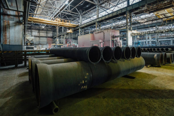 istock New cast iron pipes for pipeline construction in warehouse 1279872842