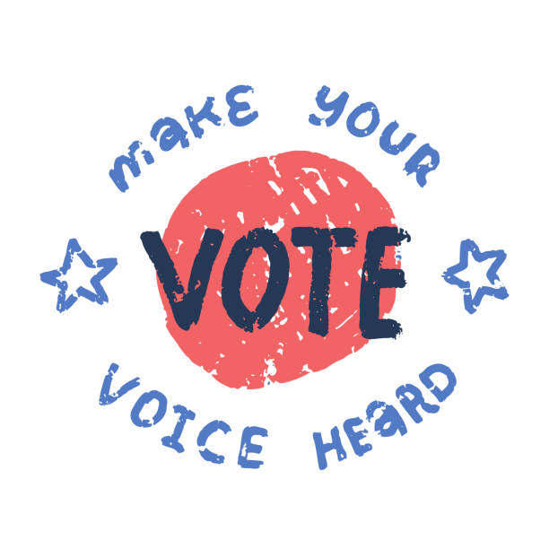 ilustrações de stock, clip art, desenhos animados e ícones de rubber stamp with text - vote make your voice heard, vector textured grunge illustration with abstract round background and stars. - dirty pass