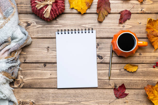 istock Desktop mock up planner. Top view composition with notebook, pumpkin styled cup of coffee and autumn themed decoration, fallen leaves on wooden background. Flat lay, copy space. 1279874016